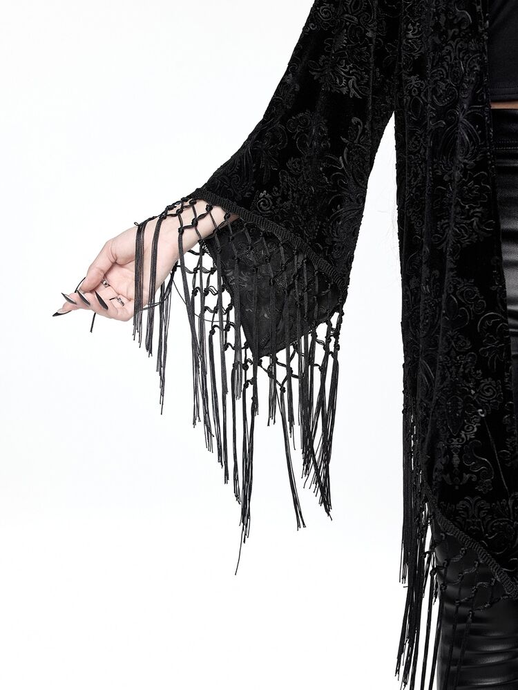 ROMWE Vintage Black Velvet Burnout Gothic Style Tassel Shawl Cardigan - Black - View 8