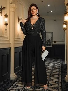 SHEIN Clasi 大尺碼女款金屬裝飾拼接色休閒優雅性感日常連身褲 秋季雞尾酒會晚宴黑色 - 黑色 - 查看 8