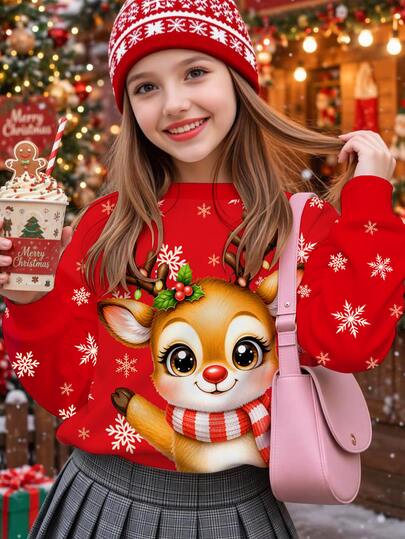 Merry Christmas, Tween Girls Casual Minimalist Cute Adorable Reindeer Pattern, Polka Dot Snowflake, Festive Christmas Red, Round Neck Drop Shoulder Thermal Lined Comfortable Sweatshirt Suitable For Autumn/Winter, Christmas Sweatshirts, Cozy, Kawaii