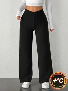 SHEIN PETITE 女款休閒純色優雅腰部交叉修身直筒褲，小個子女性辦公通勤黑色秋冬保暖面料 - 黑色 - 查看 10