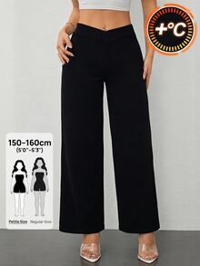 SHEIN PETITE 女款休閒純色優雅腰部交叉修身直筒褲，小個子女性辦公通勤黑色秋冬保暖面料 - 黑色 - 查看 9