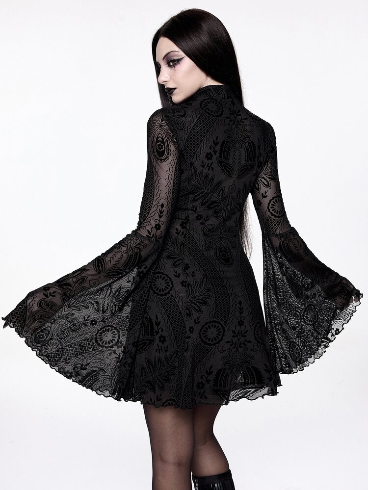 ROMWE Dark Gothic Halloween Outfit Plant Flocked Metal Cross Pendant Bell Sleeve A-Line Short Dress - Black - View 4