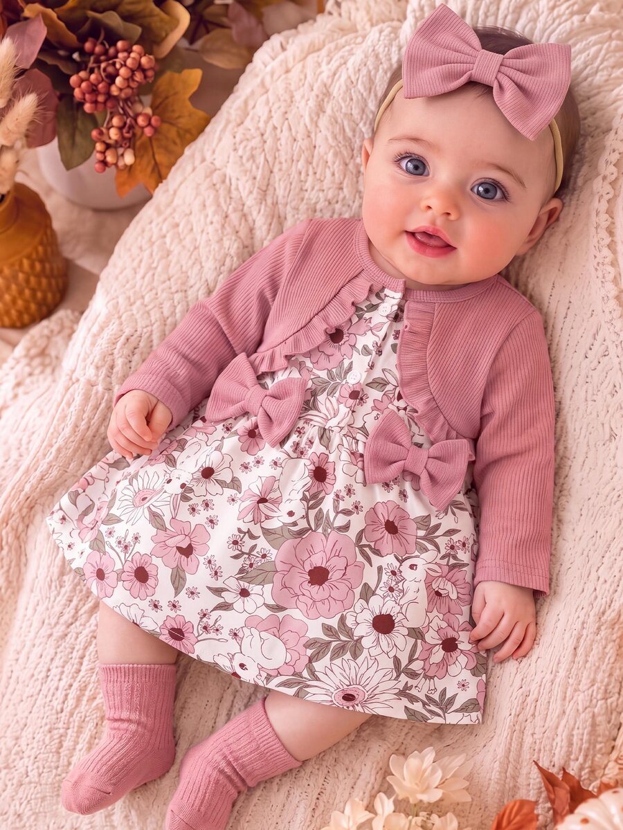 SHEIN 2pcs Newborn Baby Girl A-Line Dress Cute Dusty Pink Floral Rabbit Ruffle Bow Long Sleeve Round Neck Regular Party Autumn First Birthday Princess Chic