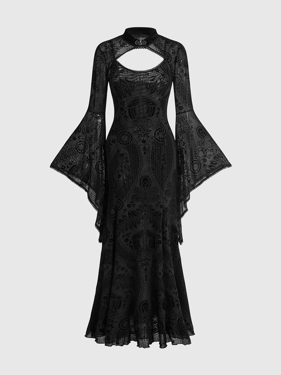 ROMWE Dark Gothic Halloween Party Outfit Cropped Velvet Bell Sleeve Camisole & Spaghetti Strap Dress - Black - View 1