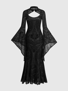 ROMWE Dark Gothic Halloween Party Outfit Cropped Velvet Bell Sleeve Camisole & Spaghetti Strap Dress - Black - View 8