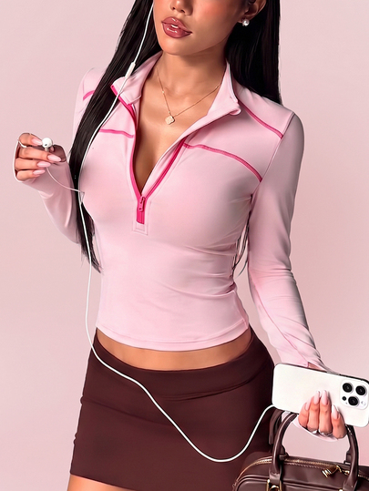 SHEIN Sovereign Charm Women's Autumn/Winter Sports Sweatshirt, Macaron Pink, Long Sleeve With Thumb Holes, Stand Collar, Contrast Color Half-Zip Front With Contrast Line Split, Slim Fit, Fashionable And Versatile, Suitable For Daily Casual, Running, Yoga, Gym, Tennis, Golf, Cycling