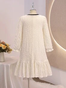 少女米白色長袖亮片天鵝絨蝴蝶結A字洋裝，柔軟套頭修身剪裁，優雅可愛端莊，適合學校、派對、秋季、聖誕節 - 白色 - 查看 2