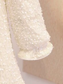 少女米白色長袖亮片天鵝絨蝴蝶結A字洋裝，柔軟套頭修身剪裁，優雅可愛端莊，適合學校、派對、秋季、聖誕節 - 白色 - 查看 5