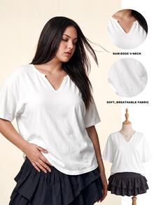 Comfortcana Plus Size Spring/Summer Clothing, Vintage Casual Traditional Washed Loose Fit Short Sleeve V-Neck T-Shirt, Cotton Fabric, Formal Vacation White - White - View 4