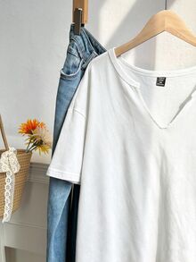 Comfortcana Plus Size Spring/Summer Clothing, Vintage Casual Traditional Washed Loose Fit Short Sleeve V-Neck T-Shirt, Cotton Fabric, Formal Vacation White - White - View 6