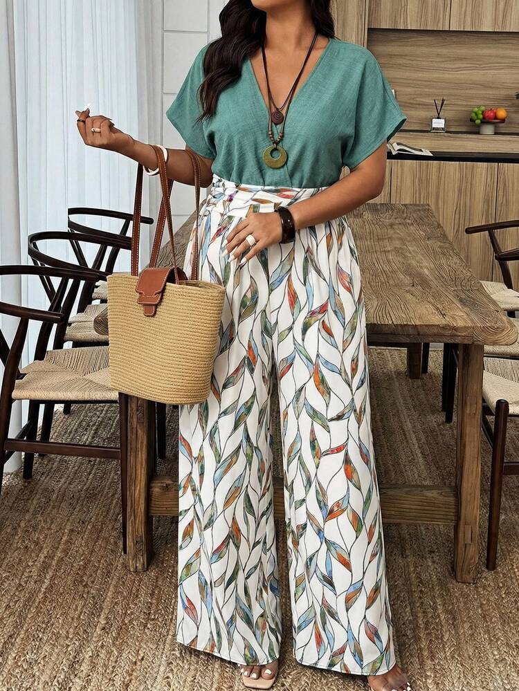 Weeklong Plus Size Summer Casual Patchwork Random Print V-Neck Batwing Jumpsuit Vacation Green Elegant - Multicolor - View 3