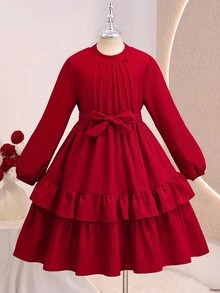 SHEIN فستان أحمر أنيق وجميل للبنات بأكمام طويلة منفوخة وطبقات من الكشكشة، خصر مشدود، تنورة متوسطة الطول بنسيج ناعم، مناسب لعيد الميلاد والحفلات والخريف - عنابي اللون - مشاهدة 2