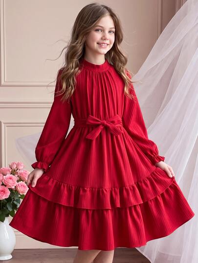 SHEIN Girls' Red Elegant Cute Puff Long Sleeve Layered Ruffle Dress, Cinched Waist, Soft Textured Mid-Length Skirt, Suitable For Christmas, Party, Fall