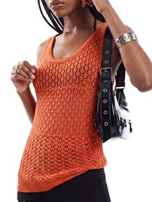 SHEIN Women's Solid Color Casual Boho Versatile Daily Wear Knit Sleeveless Top Vacation Burnt Orange Summer - Orange - View 6