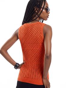 SHEIN Women's Solid Color Casual Boho Versatile Daily Wear Knit Sleeveless Top Vacation Burnt Orange Summer - Orange - View 9