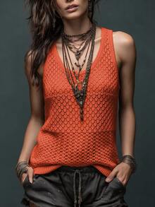 SHEIN Women's Solid Color Casual Boho Versatile Daily Wear Knit Sleeveless Top Vacation Burnt Orange Summer - Orange - View 3