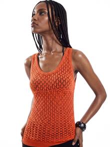SHEIN Women's Solid Color Casual Boho Versatile Daily Wear Knit Sleeveless Top Vacation Burnt Orange Summer - Orange - View 4