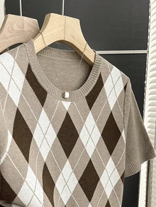 SHEIN 新款复古学院风撞色格纹针织套头毛衣，女士春夏款 - 棕色 - 查看 9