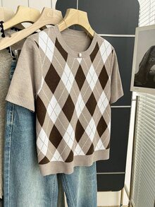 SHEIN 新款复古学院风撞色格纹针织套头毛衣，女士春夏款 - 棕色 - 查看 8