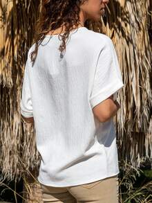 SHEIN Women's Summer Country Vacation Workwear Brunch Daytime Brown And White Polka Dot Texture Loose Short Sleeve Blouse Contrast Ribbon Button Top Casual - White - View 3
