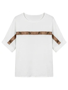 SHEIN Women's Summer Country Vacation Workwear Brunch Daytime Brown And White Polka Dot Texture Loose Short Sleeve Blouse Contrast Ribbon Button Top Casual - White - View 5