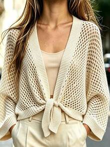 Islaluna French Gentle Style Mesh Knit Cardigan, Beach Vacation Sun Protection Tie-Up Top - Apricot - View 3
