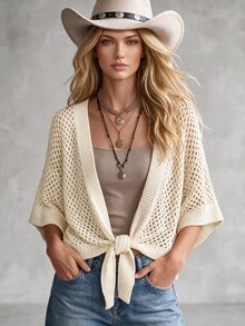 Islaluna French Gentle Style Mesh Knit Cardigan, Beach Vacation Sun Protection Tie-Up Top - Apricot - View 2