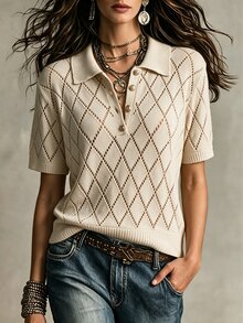 SHEIN New Spring Summer Vintage Casual Preppy Diamond Pattern Knit Polo Women Lapel Collar Half Button Short Sleeve Brunch Cream - Apricot - View 9