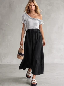 SHEIN Women's Asymmetric Shoulder Black And White Striped Colorblock Casual Boho Party Vacation Dress Summer - Black - View 1