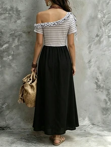 SHEIN Women's Asymmetric Shoulder Black And White Striped Colorblock Casual Boho Party Vacation Dress Summer - Black - View 3