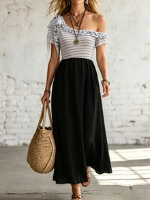 SHEIN Women's Asymmetric Shoulder Black And White Striped Colorblock Casual Boho Party Vacation Dress Summer - Black - View 4