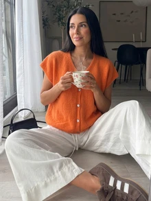 SHEIN 橘紅色寬鬆短袖休閒女款早夏套頭針織開襟衫 感恩節辦公穿搭 - 橘色 - 查看 2