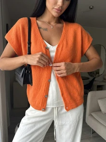 SHEIN 橘紅色寬鬆短袖休閒女款早夏套頭針織開襟衫 感恩節辦公穿搭 - 橘色 - 查看 8