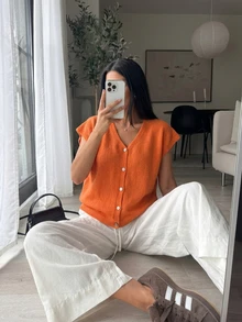 SHEIN 橘紅色寬鬆短袖休閒女款早夏套頭針織開襟衫 感恩節辦公穿搭 - 橘色 - 查看 7