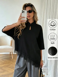 SHEIN Women's Elegant Black Summer Casual New Chinese Style Collar Solid Color Asymmetrical Hem Lace Patchwork T-Shirt, Soft Basic Daily Top Suitable For Brunch, Vacation And Spring Break - Black - View 5