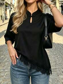 SHEIN Women's Elegant Black Summer Casual New Chinese Style Collar Solid Color Asymmetrical Hem Lace Patchwork T-Shirt, Soft Basic Daily Top Suitable For Brunch, Vacation And Spring Break - Black - View 4