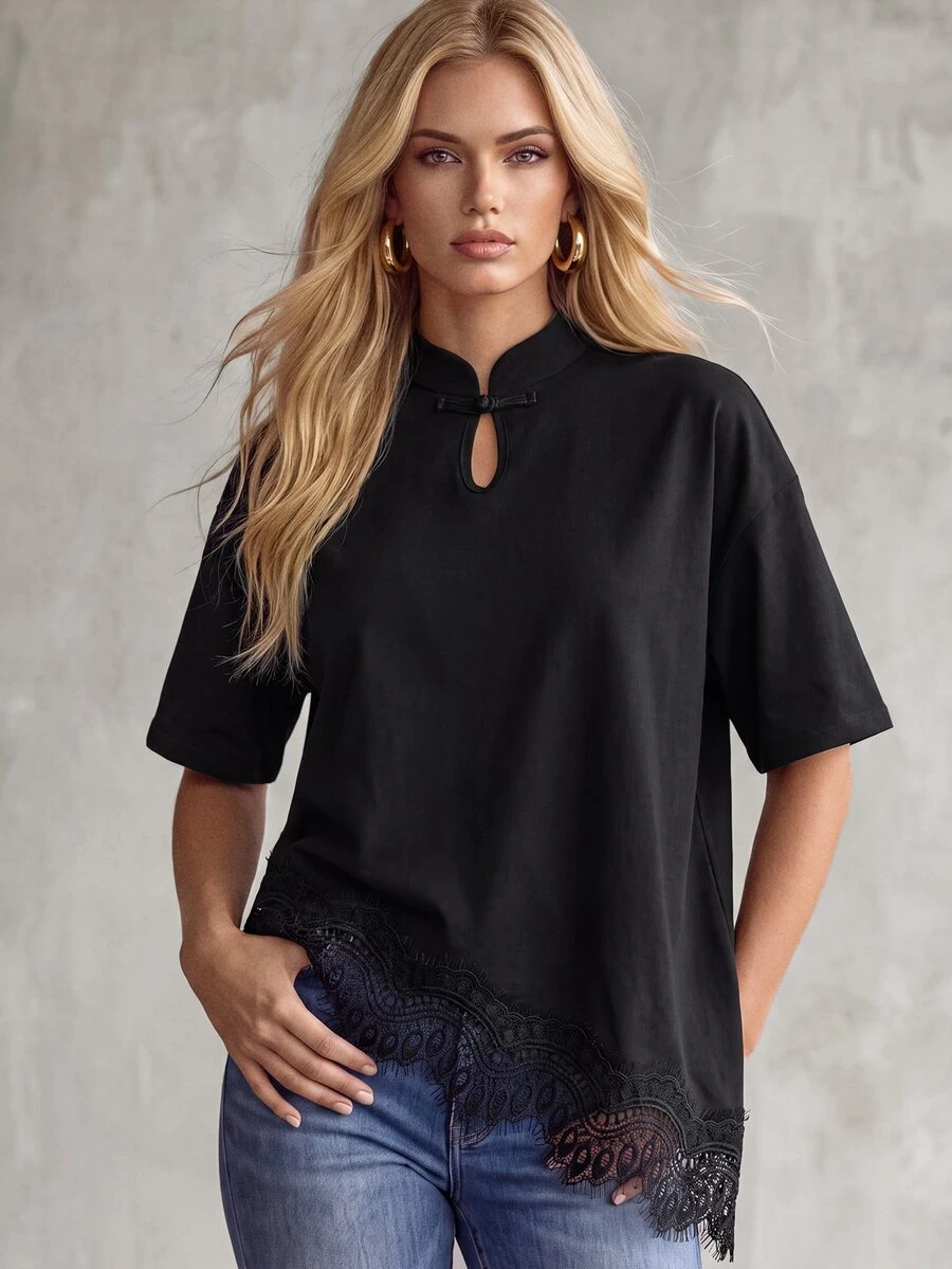 SHEIN Women's Elegant Black Summer Casual New Chinese Style Collar Solid Color Asymmetrical Hem Lace Patchwork T-Shirt, Soft Basic Daily Top Suitable For Brunch, Vacation And Spring Break - Black - View 1