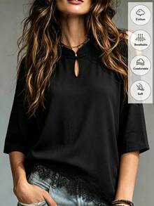 SHEIN Women's Elegant Black Summer Casual New Chinese Style Collar Solid Color Asymmetrical Hem Lace Patchwork T-Shirt, Soft Basic Daily Top Suitable For Brunch, Vacation And Spring Break - Black - View 2