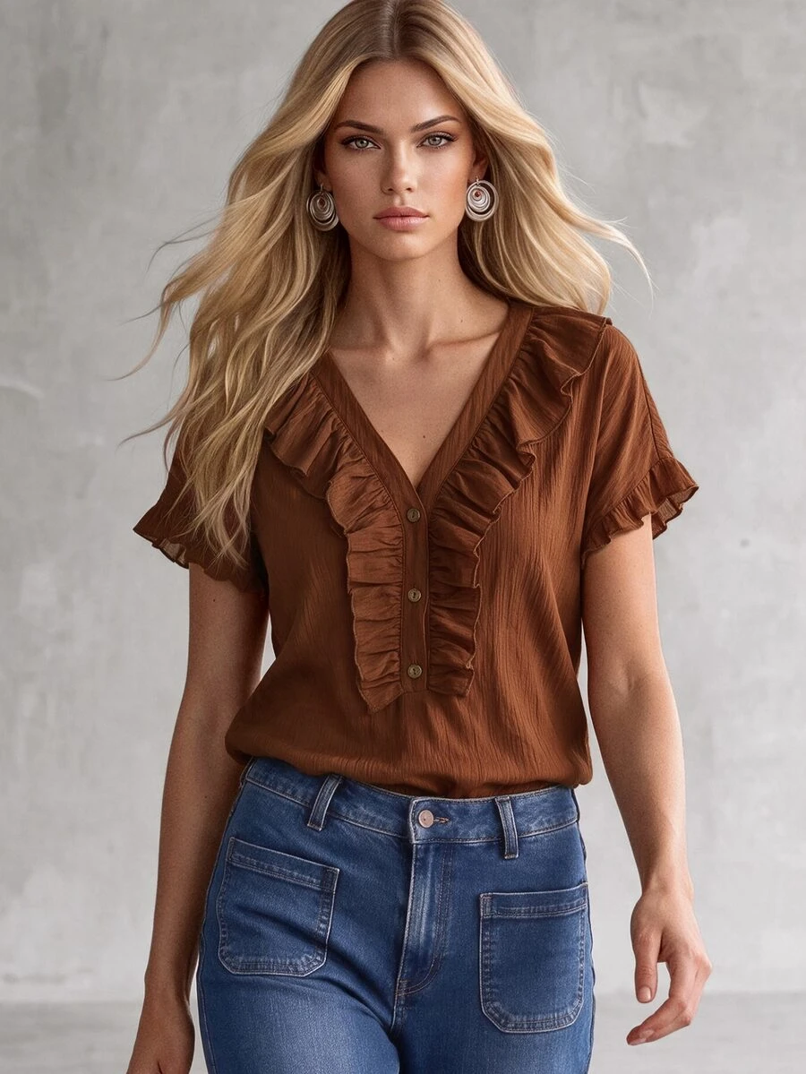 SHEIN Elegant French Style V-Neck Half Placket Ruffle Casual Shirt ...