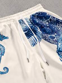 SHEIN 女款秋季極簡休閒度假風長褲，海洋魚類、海龜、貝殼元素圖案，波希米亞度假海灘藍豹紋印花 - 彩色 - 查看 5
