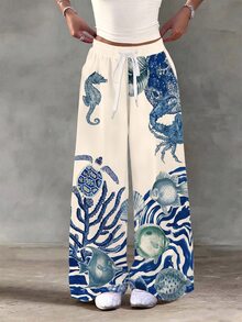 SHEIN 女款秋季極簡休閒度假風長褲，海洋魚類、海龜、貝殼元素圖案，波希米亞度假海灘藍豹紋印花 - 彩色 - 查看 4
