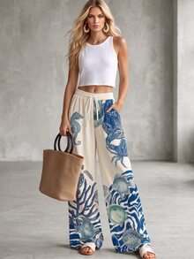 SHEIN 女款秋季極簡休閒度假風長褲，海洋魚類、海龜、貝殼元素圖案，波希米亞度假海灘藍豹紋印花 - 彩色 - 查看 1