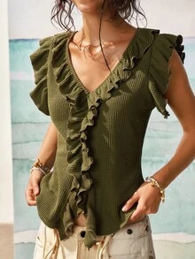 SHEIN French Retro Olive Green V-Neck Ruffle Hem Sleeveless Top Asymmetrical Summer Elegant Casual Brunch Commuter Vest Tops For Women Business Casual Date - Army Green - View 5
