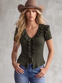 SHEIN French Retro Olive Green V-Neck Ruffle Hem Sleeveless Top Asymmetrical Summer Elegant Casual Brunch Commuter Vest Tops For Women Business Casual Date - Army Green - View 1
