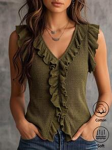 SHEIN French Retro Olive Green V-Neck Ruffle Hem Sleeveless Top Asymmetrical Summer Elegant Casual Brunch Commuter Vest Tops For Women Business Casual Date - Army Green - View 2