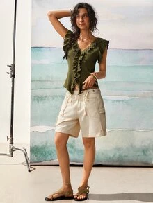 SHEIN French Retro Olive Green V-Neck Ruffle Hem Sleeveless Top Asymmetrical Summer Elegant Casual Brunch Commuter Vest Tops For Women Business Casual Date - Army Green - View 6