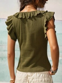 SHEIN French Retro Olive Green V-Neck Ruffle Hem Sleeveless Top Asymmetrical Summer Elegant Casual Brunch Commuter Vest Tops For Women Business Casual Date - Army Green - View 3