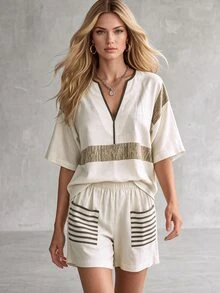 SHEIN Women's Vacation Colorblock Cutout V-Neck Short Sleeve Shirt And Striped Shorts Casual Tropical 2 Pieces Set Beach Beige Summer - Apricot - View 1