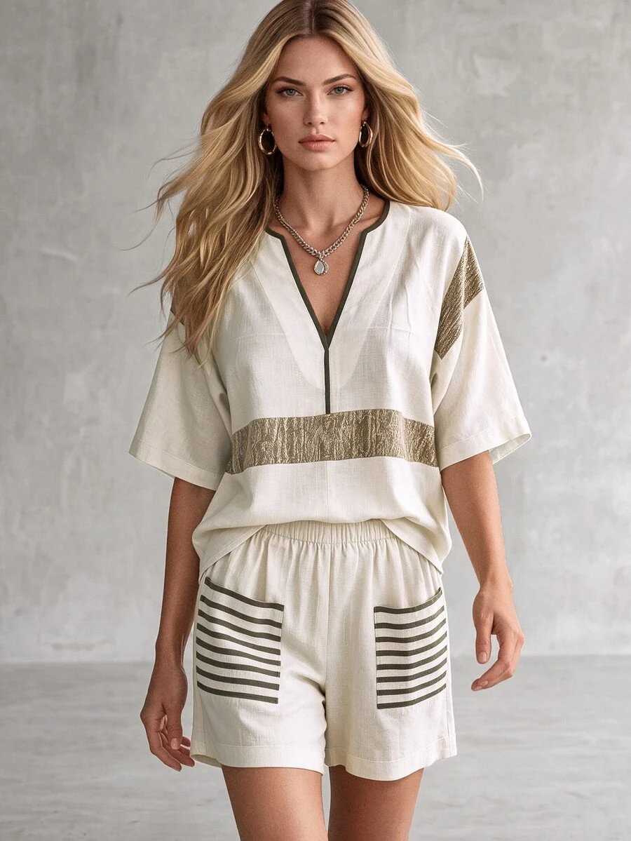 SHEIN Women's Vacation Colorblock Cutout V-Neck Short Sleeve Shirt And Striped Shorts Casual Tropical 2 Pieces Set Beach Beige Summer - Apricot - View 1