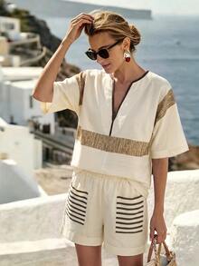 SHEIN Women's Vacation Colorblock Cutout V-Neck Short Sleeve Shirt And Striped Shorts Casual Tropical 2 Pieces Set Beach Beige Summer - Apricot - View 5